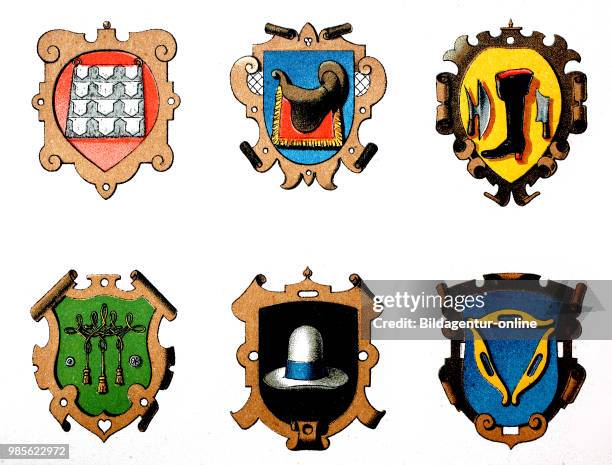 Kuerschner, Sattler, Schuhmacher, Knopfmacher, Hutmacher, Weberr. Guild coat of arms: furrier, saddler, shoemaker, button maker, hatter, weaver,...