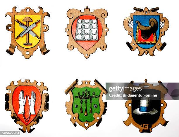 Gerber, Kuerschner, Sattler, Handschuhmacher, Knopfmacher, Hutmacher. Guild coat of arms: tanner, schnurner, saddler, glove maker, button maker, hat...