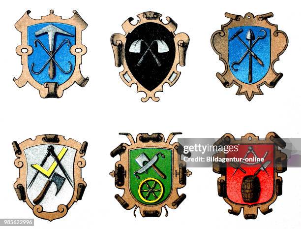 Dachdecker, Schornsteinfeger, Glaser, Zimmermann, Stellmacher, Boettcherr. Guild coat of arms: roofer, chimney sweeper, glazier, carpenter,...