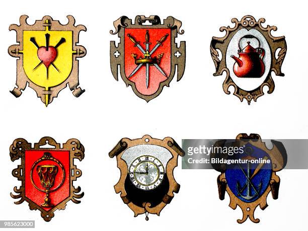 Nagelschmied, Messerschmied, Kupferschmied, Goldschmied, Uhrmacher, Schifferr. Guild coat of arms: nailsmith, knifesmith, coppersmith, goldsmith,...