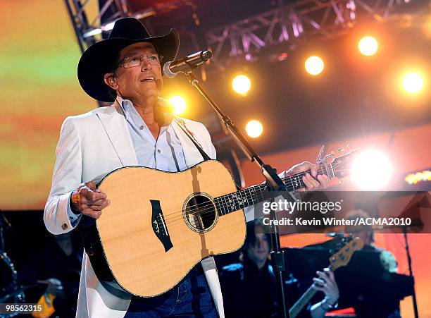 Musician George Strait performs onstage during Brooks & Dunn's The Last Rodeo Show at MGM Grand Garden Arena on April 19, 2010 in Las Vegas, Nevada.