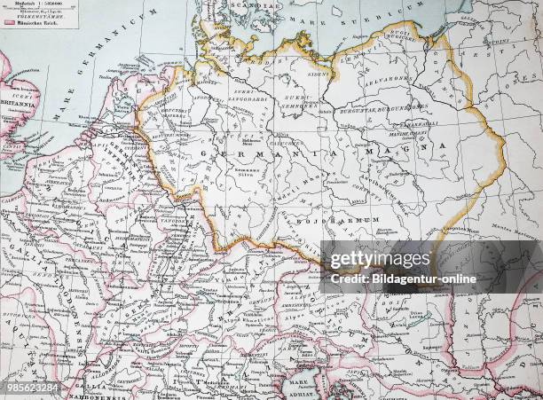 Landkarte von Germanien im 2. Jahrhundert nach Christus, map of germania in the 2nd century after christ, digital improved reproduction of an...