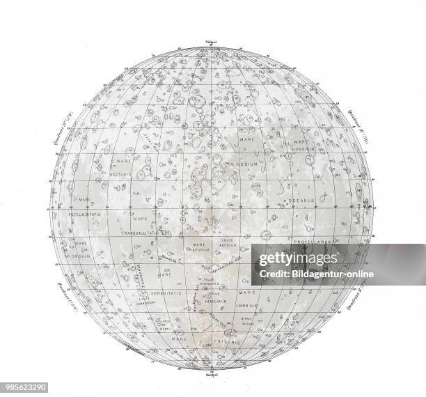 Landkarte des Mondes aus dem Jahre 1895, map of the moon from the year 1895, digital improved reproduction of an original print from the year 1895.