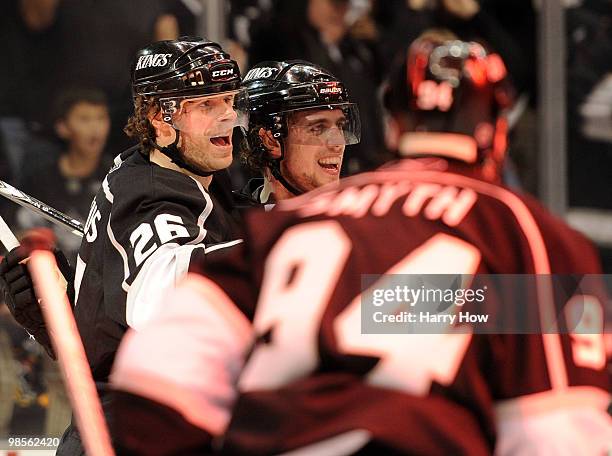 Michal Handzus of the Los Angeles Kings celebrates his second goal of the game with Anze Kopitar and as Ryan Smyth for a 3-1 lead over the Vancouver...