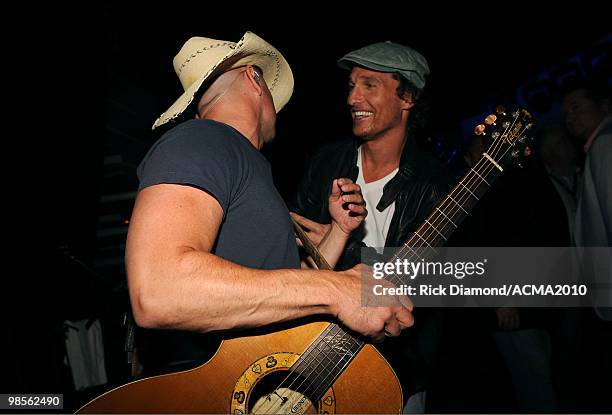 Musician Kenny Chesney and actor Matthew McConaughey backstage during Brooks & Dunn's The Last Rodeo Show at the MGM Grand Garden Arena on April 19,...