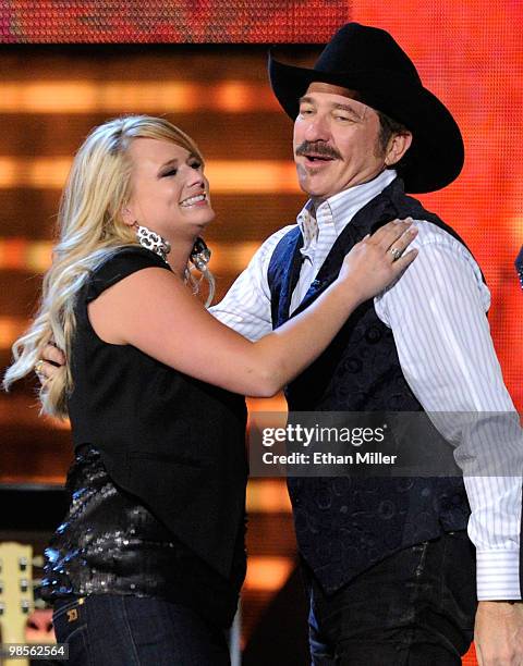 Musicians Miranda Lambert and Kix Brooks of the band Brooks & Dunn onstage during Brooks & Dunn's The Last Rodeo Show at MGM Grand Garden Arena on...