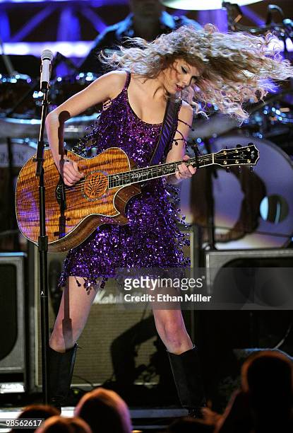 Musician Taylor Swift performs onstage during Brooks & Dunn's The Last Rodeo Show at MGM Grand Garden Arena on April 19, 2010 in Las Vegas, Nevada.
