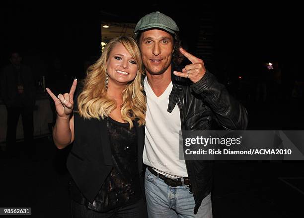 Musician Miranda Lambert and actor Matthew McConaughey backstage during Brooks & Dunn's The Last Rodeo Show at the MGM Grand Garden Arena on April...