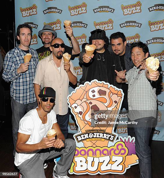 Mario Calire,Wil-Dog Abers,Raúl Pacheco,Justin 'El Niño' Porée,Asdrubal Sierra,Ulises Bella and Jiro Yamaguchi of the band Ozomatli attend the Ben &...