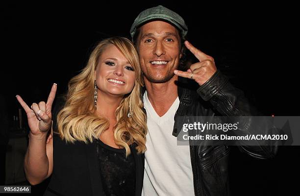 Musician Miranda Lambert and actor Matthew McConaughey backstage during Brooks & Dunn's The Last Rodeo Show at the MGM Grand Garden Arena on April...