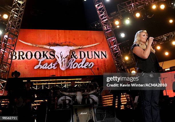 Singer Miranda Lambert performs onstage during Brooks & Dunn's The Last Rodeo Show at MGM Grand Garden Arena on April 19, 2010 in Las Vegas, Nevada.