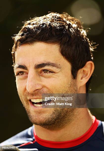 Anthony Minichiello speaks to the media during a Sydney Roosters NRL training session at Moore Park on April 20, 2010 in Sydney, Australia.