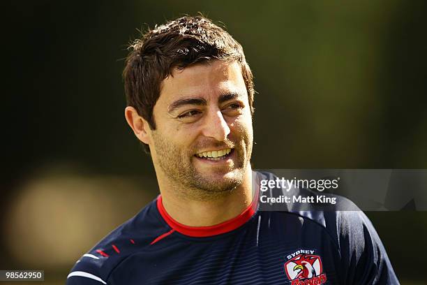 Anthony Minichiello speaks to the media during a Sydney Roosters NRL training session at Moore Park on April 20, 2010 in Sydney, Australia.