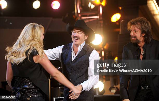 Musicians Miranda Lambert, Kix Brooks and Ronnie Dunn onstage during Brooks & Dunn's The Last Rodeo Show at MGM Grand Garden Arena on April 19, 2010...