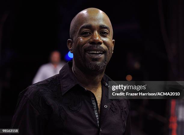 Musician Darius Rucker poses backstage during Brooks & Dunn's The Last Rodeo Show at the MGM Grand Garden Arena on April 19, 2010 in Las Vegas,...