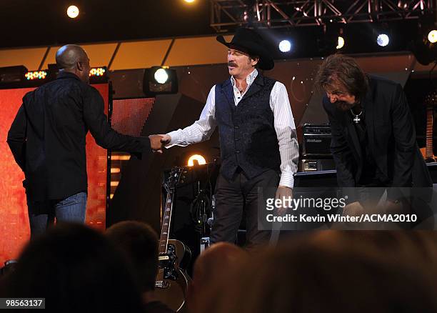 Musicians Darius Rucker, Kix Brooks and Ronnie Dunn onstage during Brooks & Dunn's The Last Rodeo Show at MGM Grand Garden Arena on April 19, 2010 in...