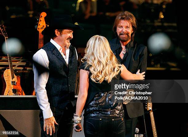 Miranda Lambert performs with Kix Brooks and Ronnie Dunn of Brooks & Dunn onstage during Brooks & Dunn's The Last Rodeo Show at MGM Grand Garden...
