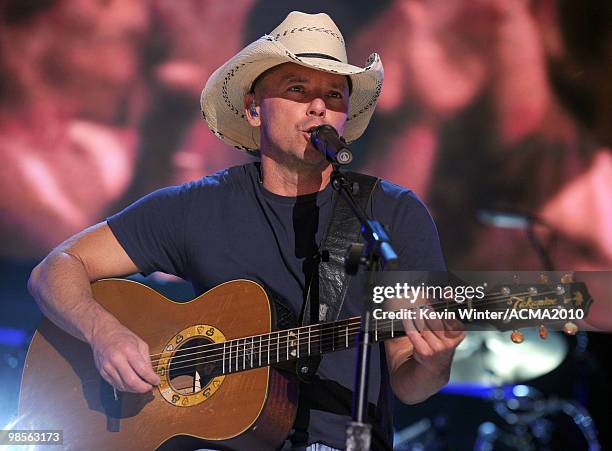 Musician Kenny Chesney performs onstage during Brooks & Dunn's The Last Rodeo Show at the MGM Grand Garden Arena on April 19, 2010 in Las Vegas,...