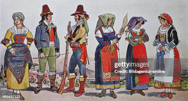 Fashion, clothing in Italy, southern Italy, from 1800-1830, from left, peasant woman from Venafrano on Matesegebirge, man from S. Giovanni a...