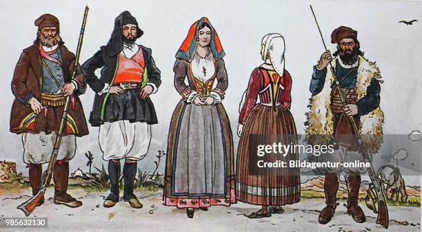 Fashion, clothing in Italy, island of Sardinia, from 1800-1830, from left, an elderly farmer from Bono, center of the island, man and woman from near...