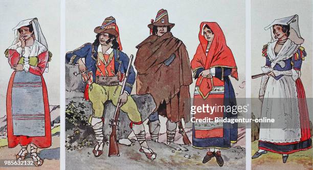 Fashion, clothes in Italy, Papal States around 1830, from left, wife from the Sabine mountains, bandit chief, bandit from Sonnino, Volsk mountains, a...