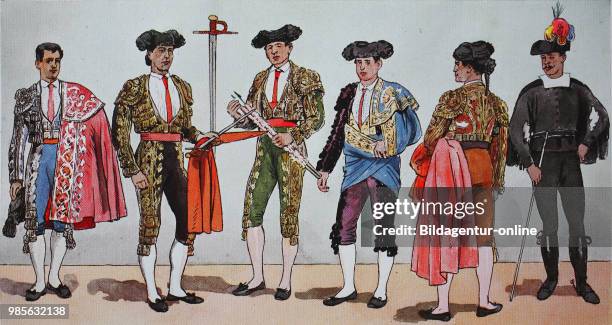 Fashion, clothing in the bullfights in Spain for modern history, from left, a matador with richly decorated coat, then an espada, the fencer, then a...