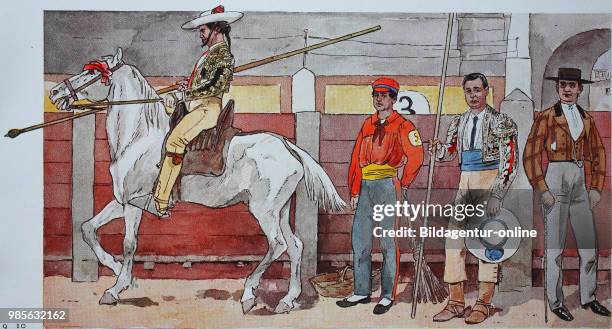 Fashion, clothing at the bullfights in Spain for modern history, from left, a picador on horseback with lance, then a servant, then a picador with...