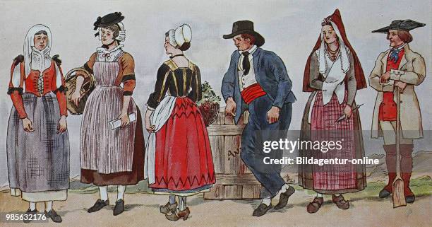 Fashion, costumes, clothing in France in the early 19th century, from the left, wife from Nice, Provence, a woman from Macon, Burgundy, a farmer from...