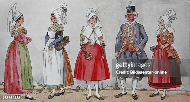 Fashion, costumes, clothes in France at the beginning of the 19th century, from the left, a farmer from Harcourt near Caen, Northern Normandy, then a...