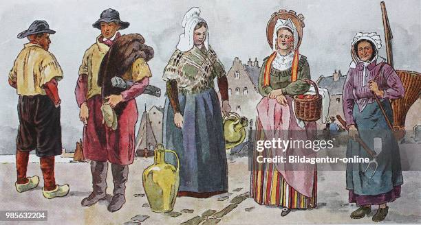 Fashion, costumes, clothes in Belgium in the 19th century, from the left, fishermen from Blankenberghe, Flanders, then a woman with milk and a...