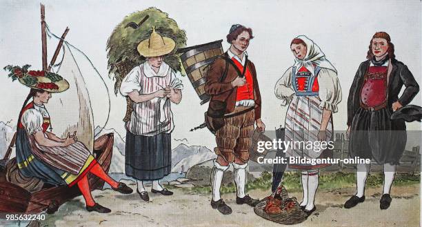 Fashion, costumes, clothing in Switzerland, early 19th century, from left, skipper of Lake Zug a Vaud peasant girl from the village of Charnay near...