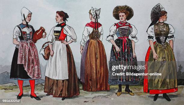 Fashion, costumes, clothing in Switzerland at the beginning of the 19th century, from the left, girls in old clothes from the Kronauer office in the...