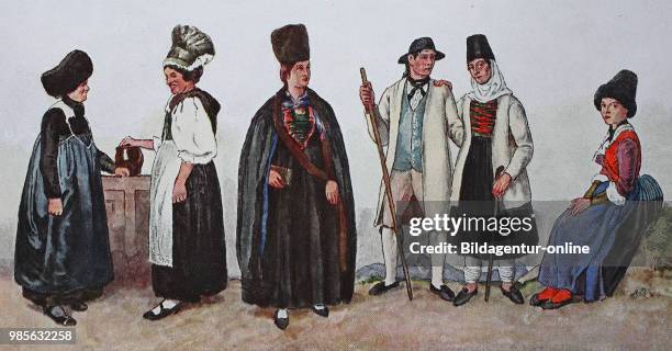 Fashion, costumes, clothes in Austria 1850, from left, woman from Bludenz, Vorarlberg, woman from Montafon, Vorarlberg with high gold hood, the...