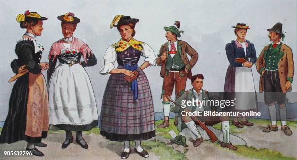 Fashion, clothes in Germany, costumes from Bavaria, about 19th century, from the left, two women in festive costume from Bayrisch Zell, then peasant...