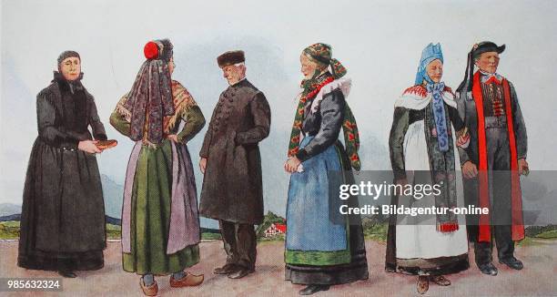 Fashion, clothes in Germany, costumes from Westphalia and Waldeck around the 19th century, from the left, Frau von der Porta Westfalia, then a woman...