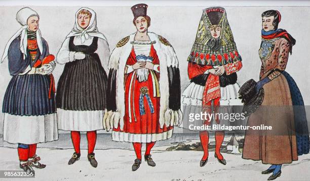 Fashion, clothing in Germany, costumes from the island of Sylt and Foehr about 19th century, from the left, the Last Supper costume from the island...