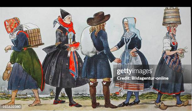 Fashion, clothes in Denmark, folk costumes around 1800, from the left, woman von Skovshoved, at the Sound, at the north of Copenhagen, church clothes...