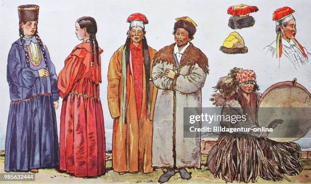 Fashion, clothing in Turkestan, from left, two Tatar women from Turkistan, then a pair of Kalmyks, Mongolia, and a Kyrgyz shaman, top right a...