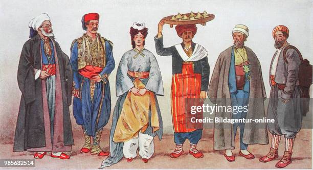 Fashion, clothes, folk costumes in Turkey in the 19th century, from the left, a Turkish khawaja or khwaja in Skutari in Albania, a Turkish man from...