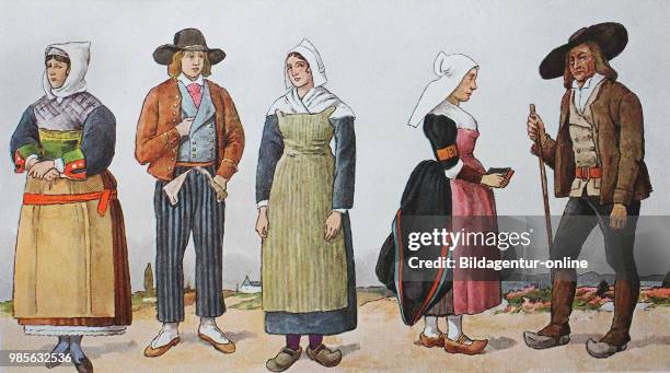 Fashion, clothes, folk costumes in France, around the 19th century, from the left, a woman from Saille near Guerande, Brittany, a farmer from Yaradey...