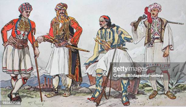 Fashion, clothes, folk costumes in Greece around 1825-1830, from the left, peasants from the area of Athens wearing festival robes, a janissary from...