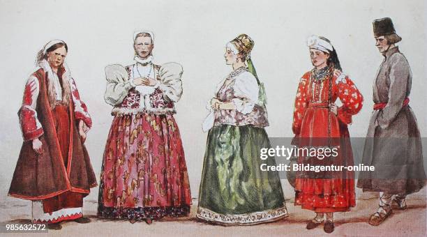 Fashion, clothes, folk costumes in European Russia, the Greater Russians, from the left, a Greater Russian woman, a woman from Nizhny Novgorod and a...