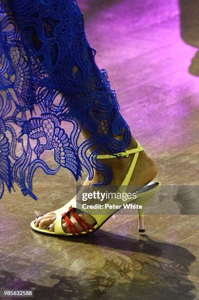 Model, shoes detail, walks the runway during the Kenzo Menswear Spring/Summer 2019 show as part of Paris Fashion Week on June 24, 2018 in Paris,...