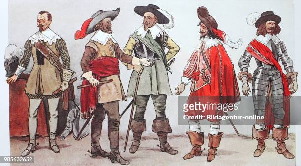 Fashion, clothing in Europe, war costumes of the Thirty Years War around 1630-1635, second from left, Elector Johann Georg I of Saxony then Swedish...