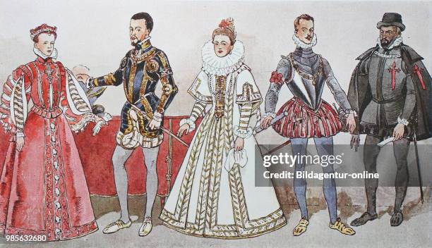Fashion, clothing in Spain in the 16th - 17th centuries, from the left, Spanish Queen Isabella of Valois, then the future King Philip II of Spain,...