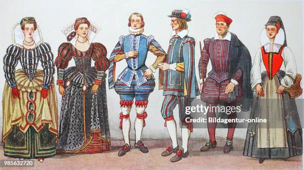 Fashion, costumes, clothing in France at the time of Spanish fashion and Henry III. Around 1575-1590, noble ladies and pages, from left, two noble...