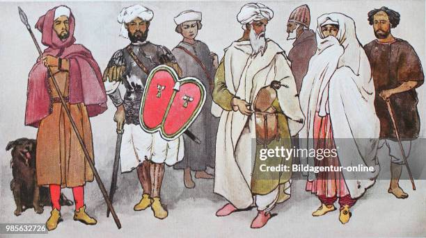 Clothing, fashion in Spain and Portugal around 1500-1540, Spanish Moors, from left, a hunter with Jadgspeer, a warrior with a striped shirt, a man...