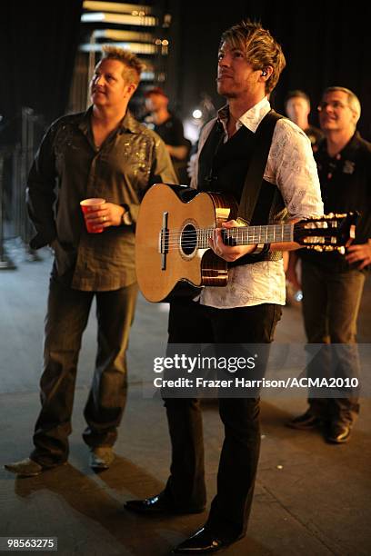 Musicians Gary LeVox and Joe Don Rooney of Rascal Flatts pose backstage during Brooks & Dunn's The Last Rodeo Show at the MGM Grand Garden Arena on...