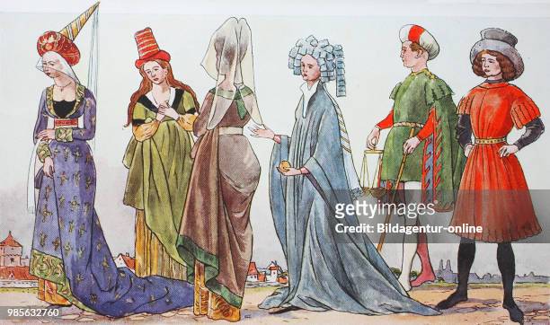 Clothes, fashion in Germany under Burgundian influence from 1410-1460, from the left, noble woman with the Burgundian Hennin, a high pointy hat and...