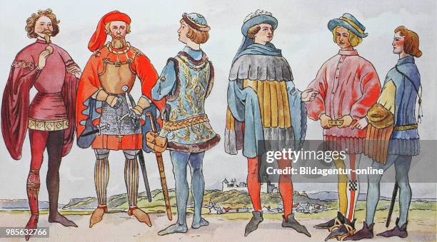 Clothing, fashion in Germany under Burgundian influence in the 15th century, from the left, gentleman with a tight-fitting jacket, a knightly...